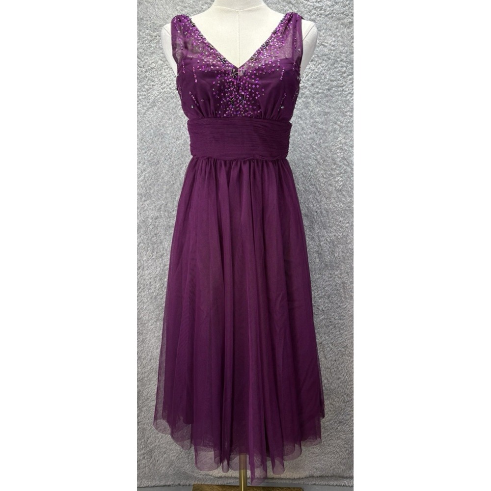 Chicas Womens XS Purple Tulle Midi Dress Sequin Rhinestone Formal Cocktail